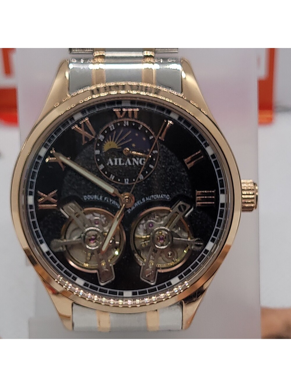 538 AILANG Double Flywheel Men's Automatic Skeleton Black Dial Rose Gold 45mm